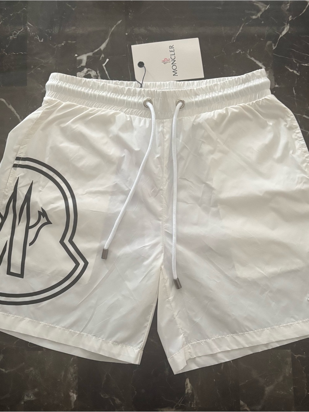 Moncler White Swim Shorts with Embroidered Logo Patch